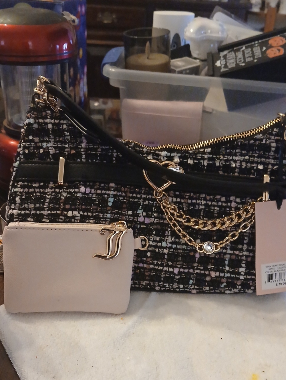 Juicy Coutour Black Tweed Shoulder Bag with Blush Card Wallet